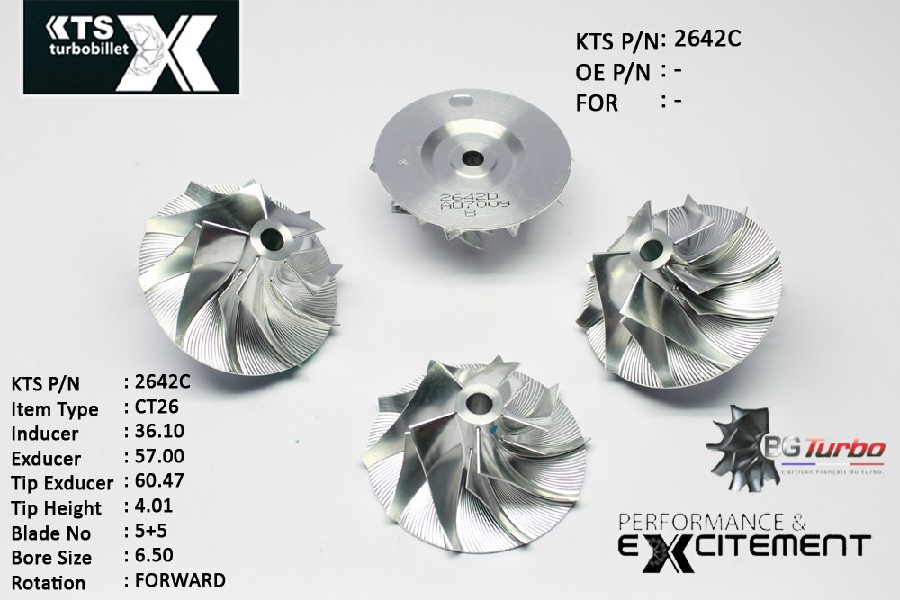 Turbo ROUE FORGÉE MFS PERFORMANCE - 5+5 PALES - INDUCER : 36,1 - EXDUCER : 57 - TYPE : CT26ANGLE : 60° - ROTATION : Forward - SUPER BACK : -1,37 - BORE SIZE : 6,5
